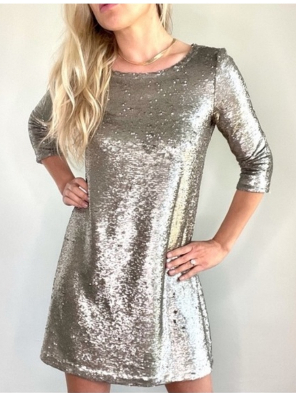 BB Dakota Sequin Lined Pullover 3/4 Sleeve Dress Small Silver Gunmetal